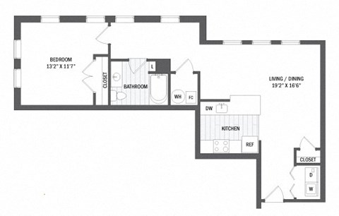 Floor plan for 1 bed, 1 bath, 779 sqft